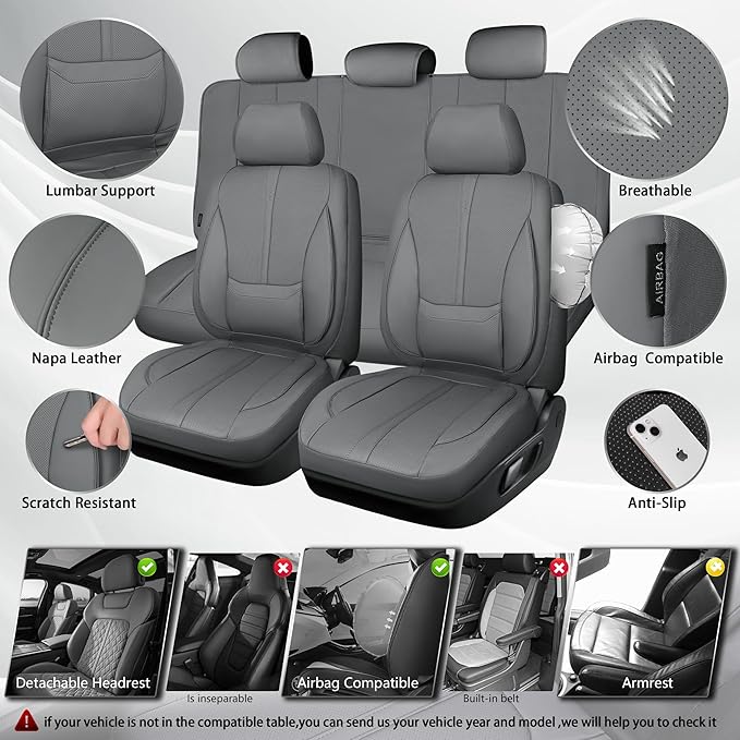 CAR PASS Nappa Leather Seat Covers Full Set, 3D Foam Faux Leather Car Seat Covers with Lumbar Support, Water Resistant Grey Seat Covers Car seat Cover Universal Fit for Cars SUV Truck Vehicles, Gray