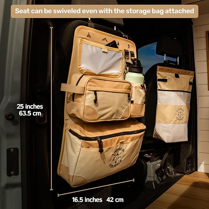 Living in a Bubble Seat back Organizer – Magnetic Toiletry and Cooler Pouch, Cordura Car Backseat Storage with Device Holder & Hooks, Multi-Compartment Utility Bag for Campervans & Family Travel
