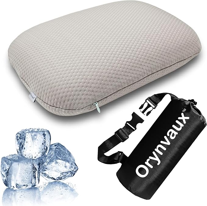 Cooling Camping Pillow, Memory Foam Travel Pillow with Adjustable Buckle Strap & Storage Bag, Compact Small Pillow for Airplane, Car Lumbar, Office, Washable Cooling Cover, Dusk Grey