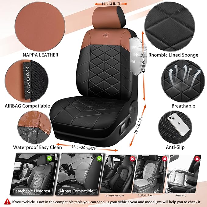 CAR PASS Nappa Leather Waterproof Car Seat Covers Two Front, 3D Foam Automotive Seat Covers with Memory Foam, Universal Fit for Cars SUV Truck Sedan, Airbag Compatible, Black Brown