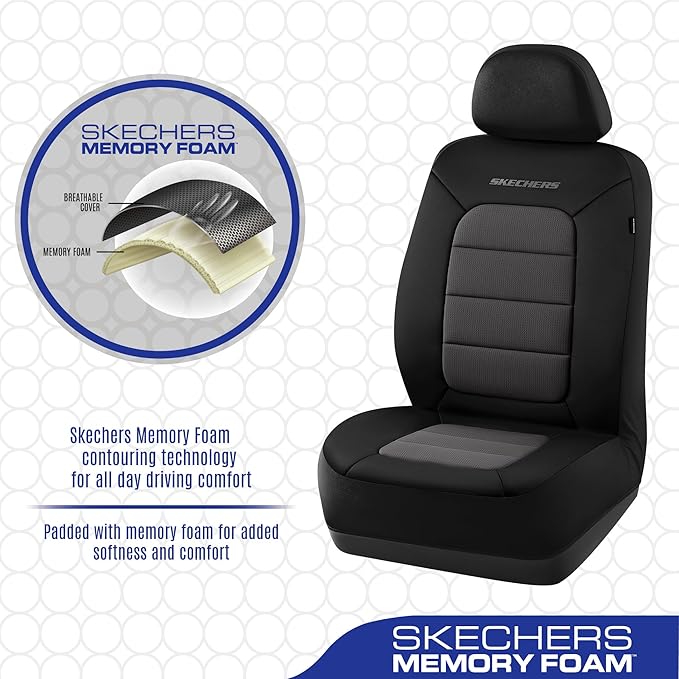 Skechers Memory Foam Car Seat Covers,Thick Cool Touch Fabric Seat Covers,Seat Cover Full Sets Airbag Compatible,Automotive Comfort Protection for Most Cars,Vans,Trucks,SUV,Grey