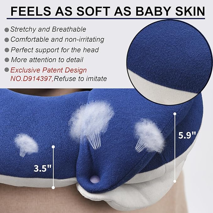 BUYUE Travel Neck Pillows for Airplanes, 360° Head Support Sleep for Long Flight, Skin-Friendly & Breathable, Kit with 3D Contoured Eye Mask, Earplugs and Storage Bag (Adult, Navy, 90+ lbs)