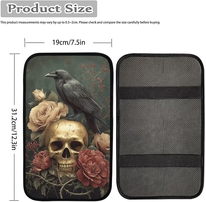 Skull Crow Print Center Console Pad Peony Print Armrest Cushion Cover for Cars Dust-Proof Decorative Armrest Seat Box Cover for Auto Interior