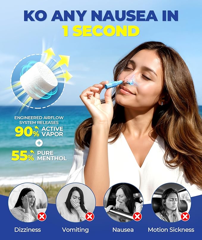 1s Fast Nausea Relief Nasal Stick With 2-in-1 Motion Sickness Ease, 100% Natural Essential Oils For Chemo & Pregnancy Nausea Relief, Non-Drowsy Travel Essentials & Cruise Essentials For Car, Airplane