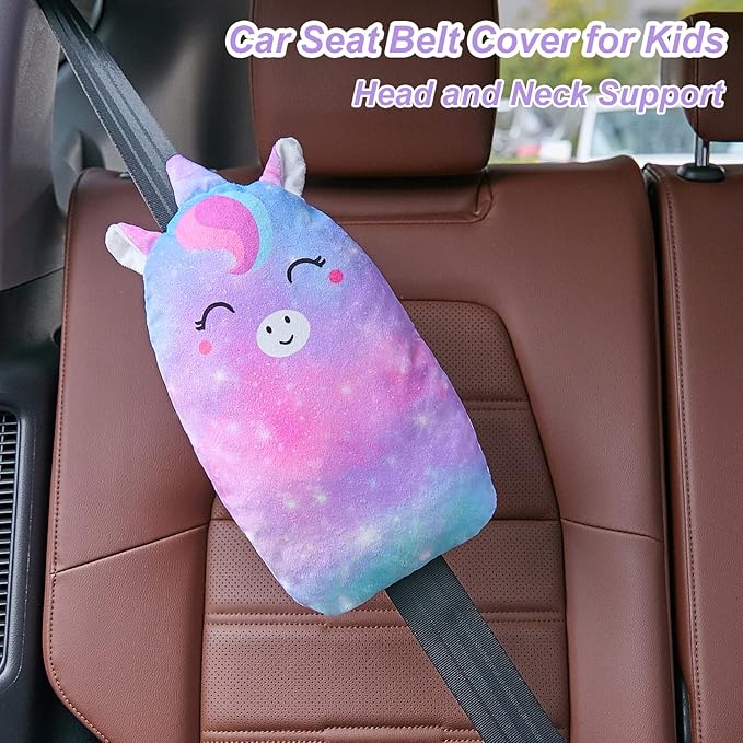 FIODAY Car Seat Belt Covers for Kids Unicorn Seat Belt Pillow Soft Seat Belt Cushion Adjust Seat Strap Pillow Head Neck Support for Children Boys Girls Travel, Purple