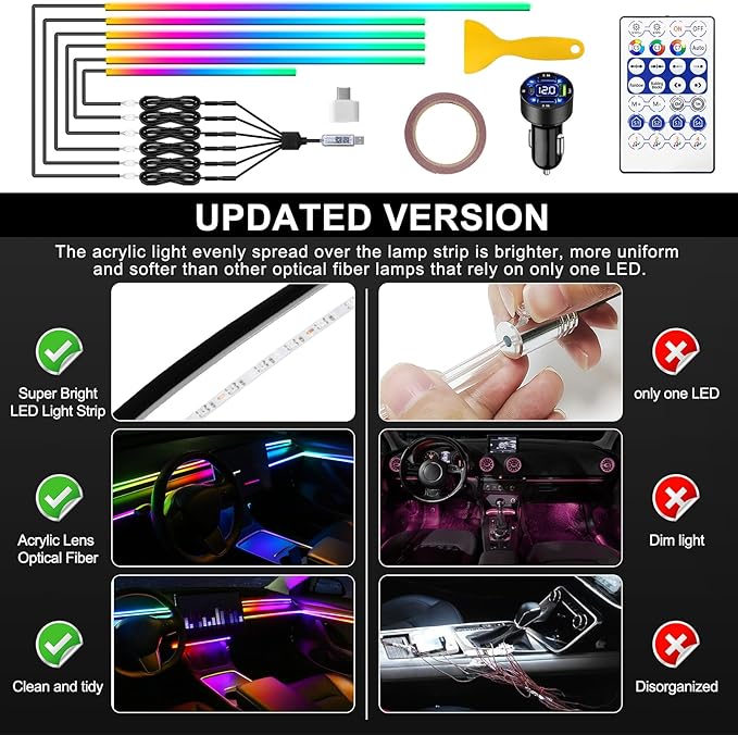 Dreamcolor Acrylic Interior Car LED Strip Light with USB/Type C/4-Port Cigarette Lighter, RGB 6 in 1 with 179.24 inches 650 LEDs Ambient Lighting Kits, Sound Active Function Neon Led Strips for Car
