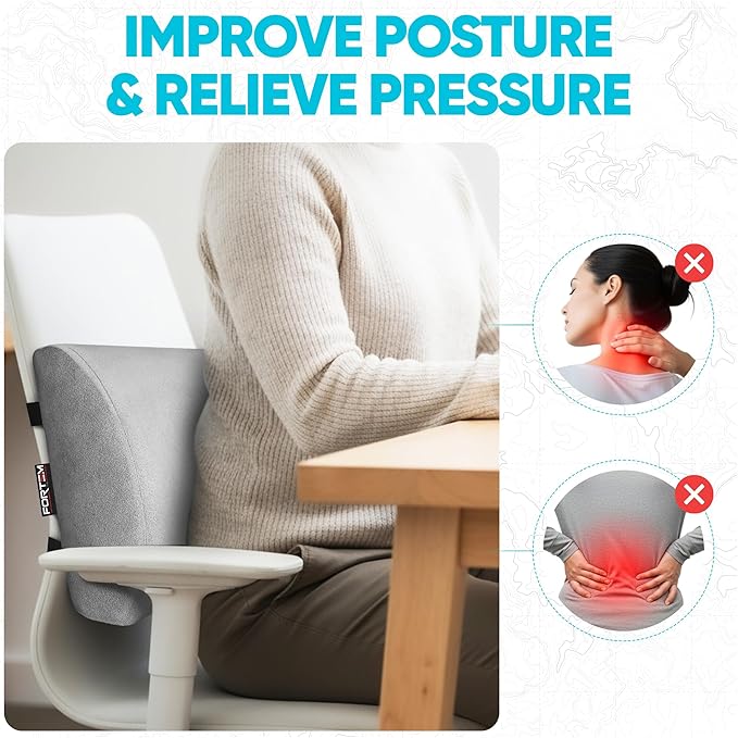 FORTEM Lumbar Support Pillow for Office Chair, Lumbar Support Pillow for Car, Back Rest for Gaming, Memory Foam Pillow, Desk Chair Cushion, Breathable & Washable Cover, Adjustable Straps