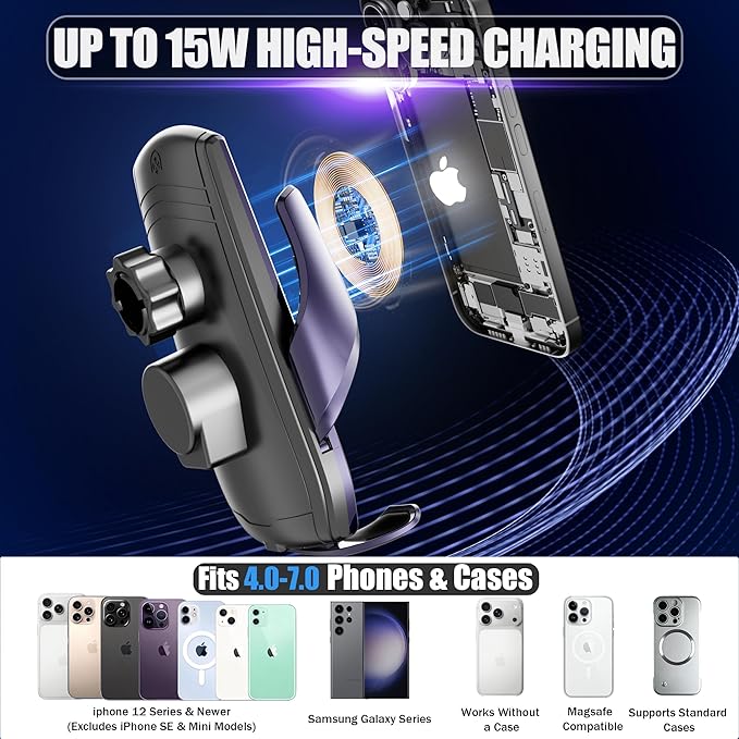 Car Phone Mount for 2024–2026 Volkswagen Atlas/Atlas Cross Sport, Smart Auto-Clamping on 12" Touchscreen, 15W Wireless Fast Charging, 360° Adjustable, Without Blocking Airflow