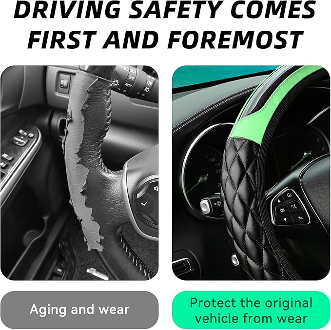 Car Steering Wheel Cover, 14.5-15inch Leather Anti-Slip Car Wheel Cover Protector, Safety Comfortable Desgin, Universal Auto Steering Wheels Accessories for Cars Truck SUV (Green)