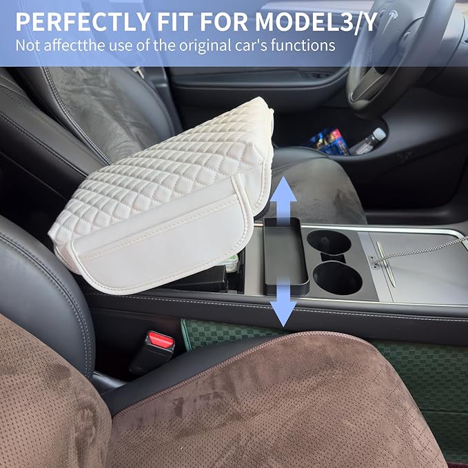 Center Console Cover for Tesla Model 3 2017-2022 2023 2024 or Model Y 2020-2022 2023 2024 Armrest Cover Cushion Pad PU Leather Armrest Seat Box Protector Accessories with Pockets Storage Bag (white)