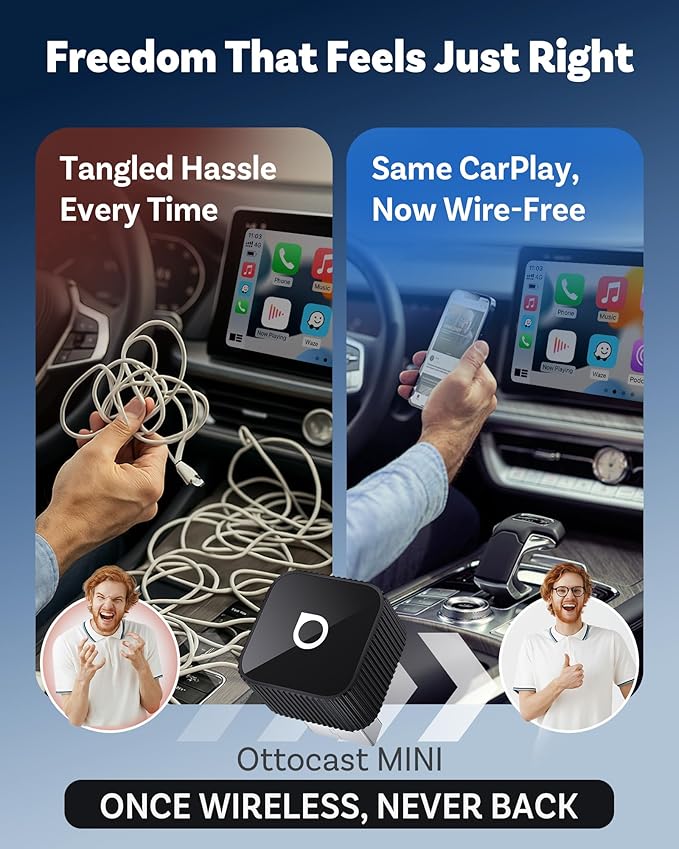 OTTOCAST 2026 Upgrade Mini Cube 3.0, 2-in-1 Wireless CarPlay & Android Auto Adapter, Plug & Play Dongle, Fast Auto-Reconnect, Dual-Band 5Ghz, for Cars with Wired CarPlay & Android Auto (USB Type-A)