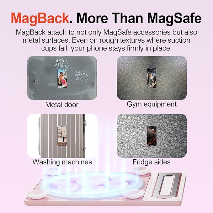 SEMBO Silicone Suction Phone Case Adhesive Sticky Grip Stand with Mag-Back for MagSafe Car/Wall Mounts, Strong Magnetic Holder for Fridge, Gym Equipment, Shower, Hands-Free Selfie (Pink, Adhesive)