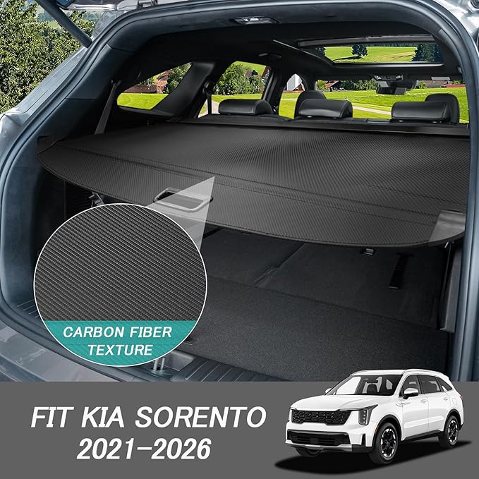 Cargo Cover for Kia Sorento 2026 2025-2021 Accessories Retractable Trunk Cover Security Shielding Shade Cargo Luggage Cover Trunk Privacy Protection (Carbon Fiber Texture)