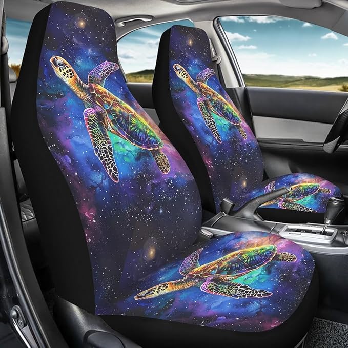 BIGCARJOB Galaxy Night Car Seat Covers Set for Front Only Sea Turtle Print Car Interior Accessories Cute Seat Protector for Cars Saddle Blanket,Fit Most Vehicle,Cars,Sedan