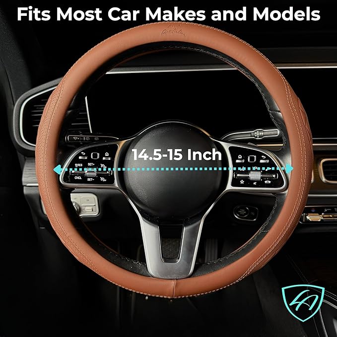 Lord Autofashion Steering Wheel Cover – PU Leather, Non-Slip Rubber Inner, All-Season Comfort – 14.5–15 Inch (Tan 9366)