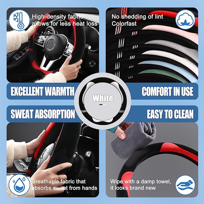 Furry Cute Steering Wheel Cover, Soft Fluffy Short Plush Auto Accessories, Non-Slip Cold-Proof Sweat-Proof Colorfast, Universal 15 inch(Black with White)
