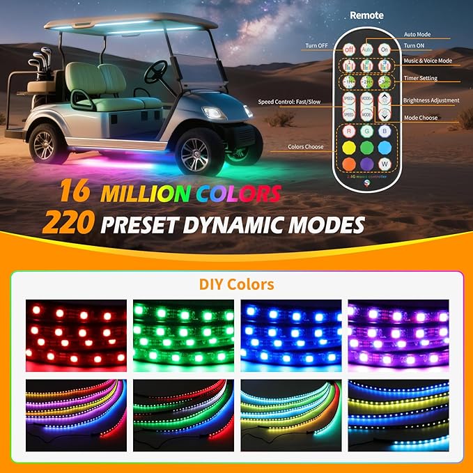 6pcs Golf Cart Underglow LED Strip Lights,Dream Color Golf Cart Lights W/Remote&APP Control Sound Active Music Sync 12V - 80V Input Neon Accent Light Kit Compatible with EZGO Yamaha Club Car