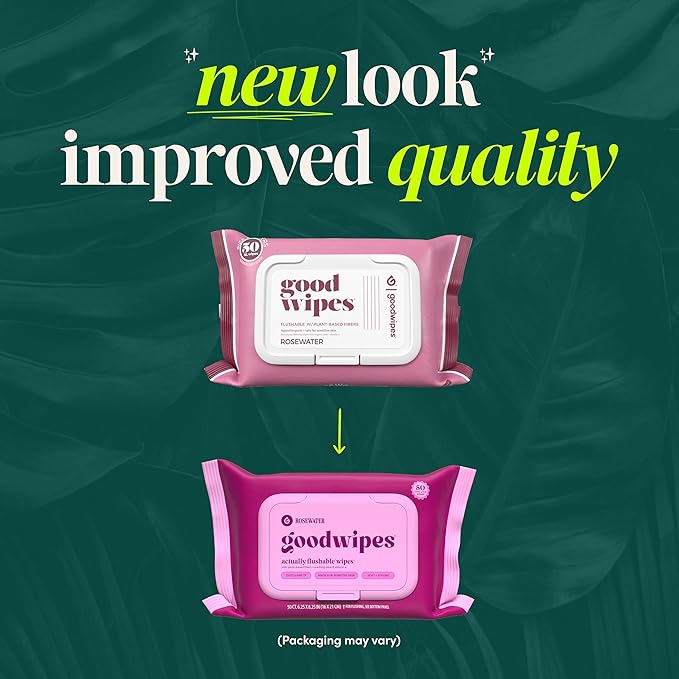 goodwipes Flushable Butt Wipes - Vitamin E & Aloe - Sewer & Septic Safe - Extra Large Adult Wet Wipes For Women & Men - Bathroom Essentials - Rosewater, 153 Count (3 Packs + 3 Individually Wrapped)
