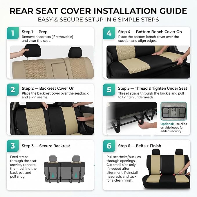 FH Group Automotive Rear Car Seat Covers for SUV, Trucks, Sedan and More - Universal Fit Rear Solid Bench Design Interior Accessories - 3D Mesh Fabric Center Panel - Beige