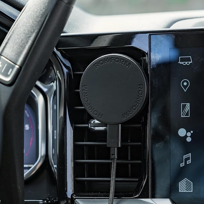 ROKFORM Wireless Car Charger, Magnetic Vent Mount, Compatible with Mag Safe Phone Cases, Super Grip Clip, USB-C to USB-C Cable Included (Black)