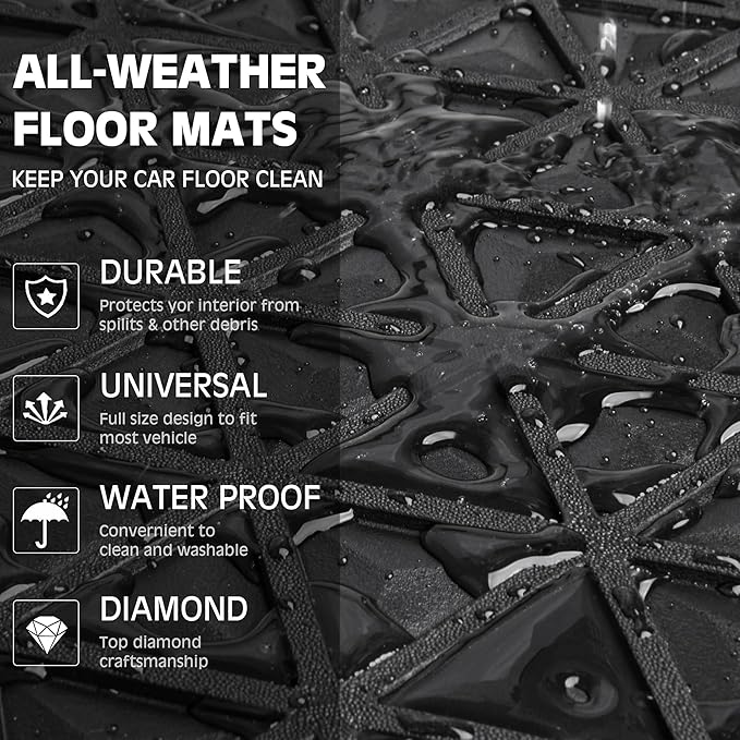 CAR PASS Bling Diamond Car Mats Rubber Floor Mats Full Set Anti-Slip 3D Rhombus Waterproof Trim to Fit Liner Universal Glitter Crystal Sparkly Shining Rhinestone Girl Women SUV Sedan Van, Black Silver