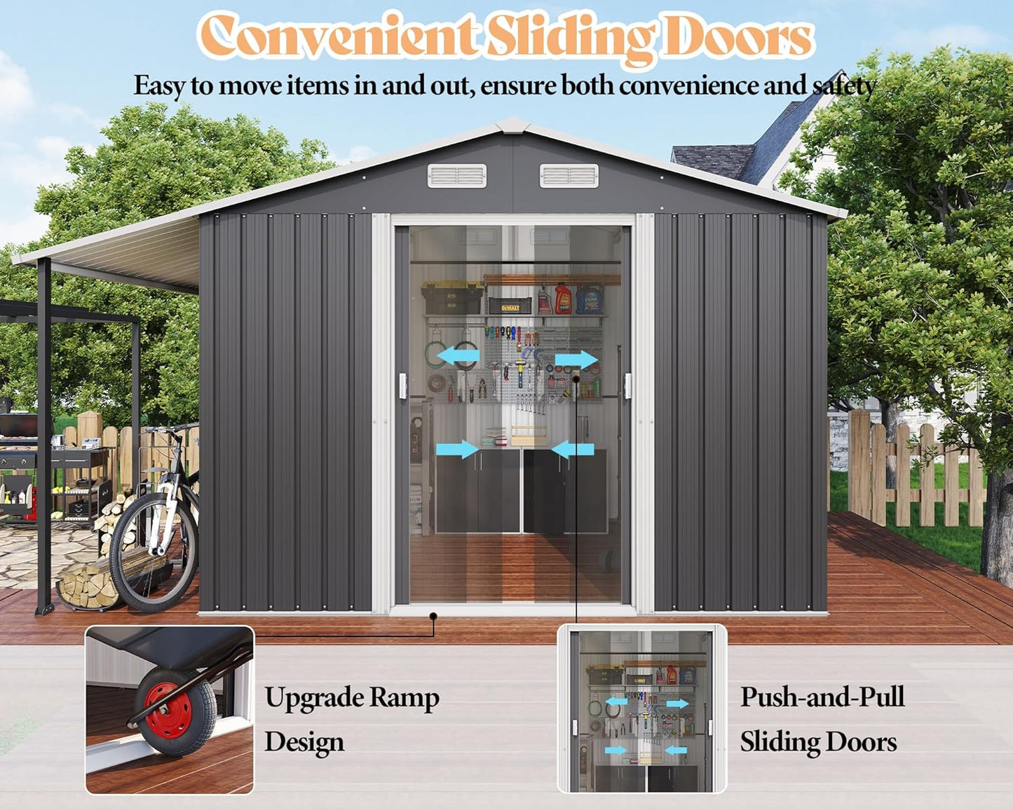 Jocisland 10.6x10.3x6.3 FT Galvanized Metal Storage Shed with Open Firewood Bay, Sliding Doors & Ramp, 2 Windows & Vents, Weather-Resistant Outdoor Tool/Garden Shed, Dark Grey/White