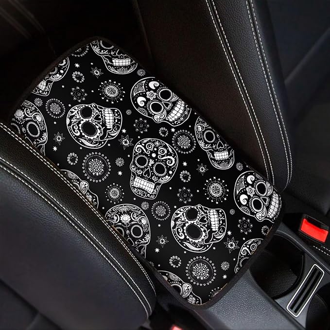 Dreaweet Halloween Center Console Cover for Car Hippie Skull Black Arm Rest Cover Pad Horror Car Accessories Decor Universal Armrest Cover for Cars Trucks SUV Sedan