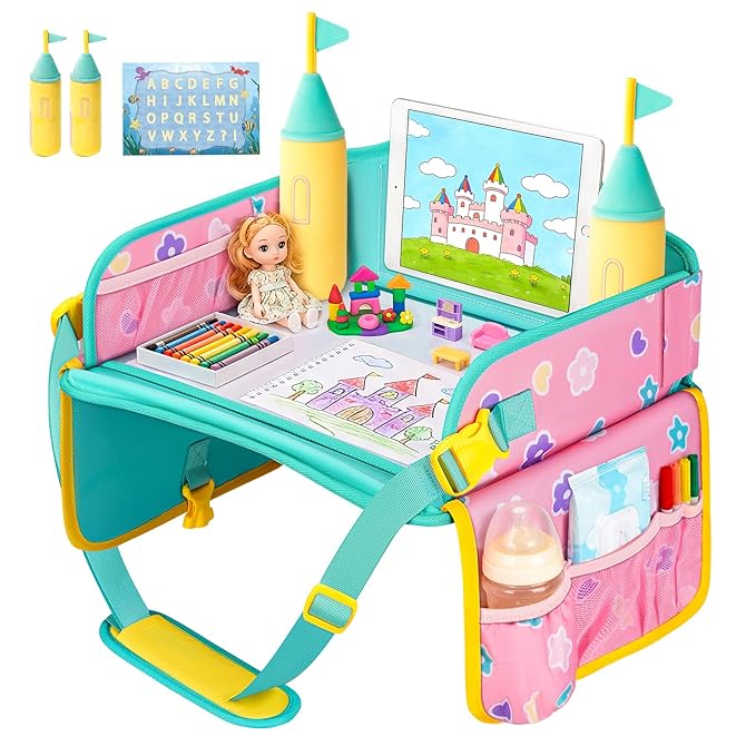 MENZOKE Car Seat Tray with 2 Removable Castle Towers, Carseat Tray for Toddler Girls Gifts Age 4–5, Kids Travel Tray for Kids,Foldable Snack Table with Storage Pockets for Road Trip,Pink & Green