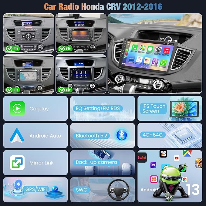 4GB+64GB Car Radio for Honda CRV 2012 2013 2014 2015 2016, 10 Inch IPS Touch Screen CRV Car Stereo with Wireless Carplay/Android Auto, DSP, Bluetooth, Backup Camera, Built-in GPS, FM Radio