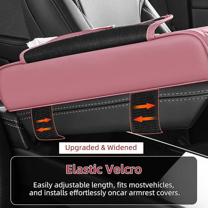 5 in 1 Car Center Console Cover, Armrest Pad with 2 Storage Pockets, Cup Holder, Tissue Box Slot, Phone Holder, Universal Car Interior Organizer (Pink)