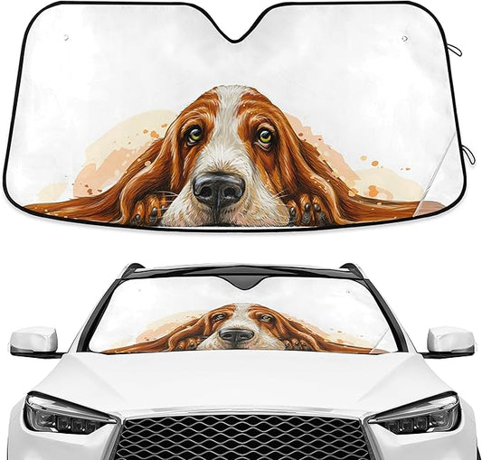 Basset Hound Windshield Sun Shade Basset Hound Sunshade Auto Blocks UV Rays Visor Protector Funny Dog Accordion Folding Sun Reflector Auto Sunshade for Car Truck SUV to Keep Your Vehicle Cool