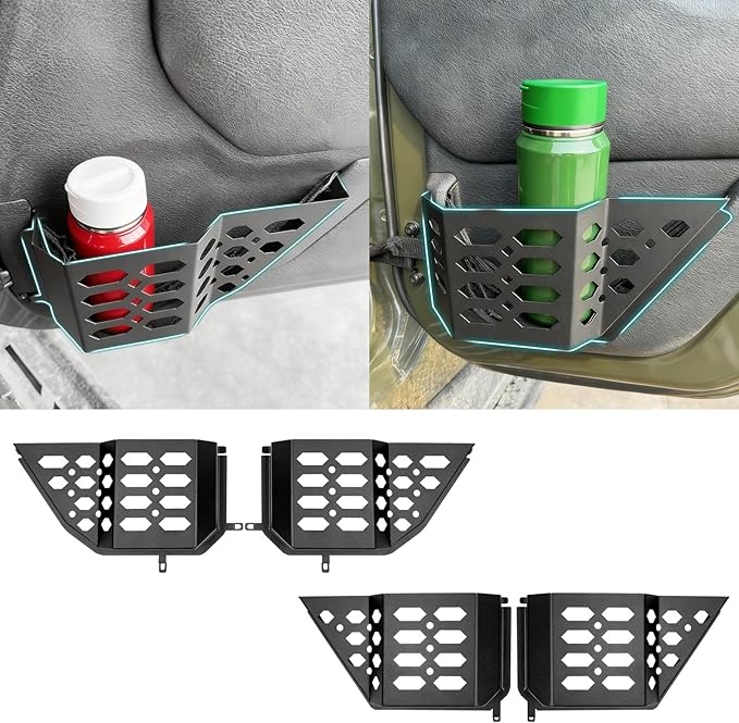 Front & Rear Door Pocket Cup Holder Organizer Compatible with 2007-2018 Jeep Wangler JK JKU Rubicon Sahara Accessories, Metal Door Side Insert Storage Box Expansion Accessories