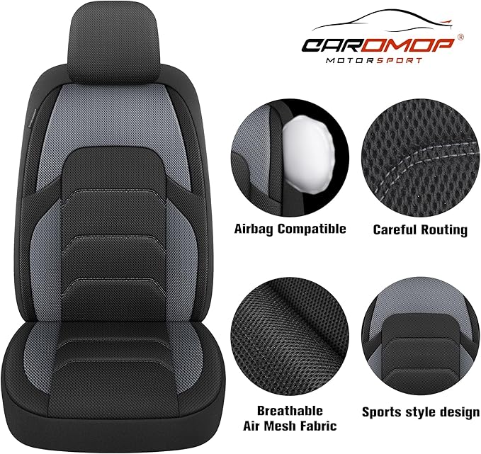 CAROMOP 3D Air Mesh Car Seat Covers Full Set,Breathable and Durable Seat Covers for Cars,Split Bench Compatible,Universal Fit for SUV,Vans,sedans, Trucks, Automotive Interior Covers(5-Seat Black/Grey)