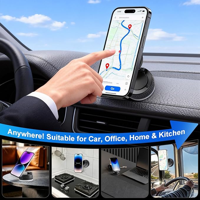 Magnetic Phone Holder for Car, Vacuum Suction Phone Mount Magnet Cell Phone Holder, 360° Rotation Foldable Windshield Dashboard Phone Holder Car Mount, Compatible with Magsafe iPhone & All Smartphones