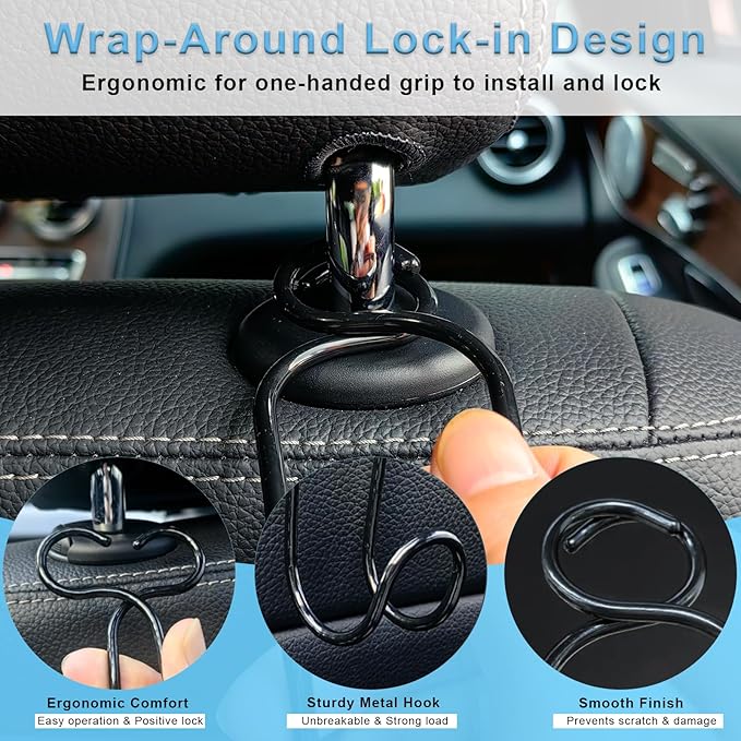 Car Headrest Hooks 4 Pack Universal Purse Holder for SUV Truck Interior Accessories for Women Men Heavy Duty Car Seat Back Storage Organizers Automotive Travel Essentials Auto Stuff (4 * Large Size)