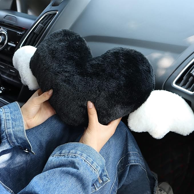 2 Pack Heart Shaped Cute Car Headrest Pillow with Angel Wings - Comfortable Soft Head Rest Cushion Kawaii Car Accessories Neck Pillow for Driving Travelling Office Home Decor - Black Love Heart