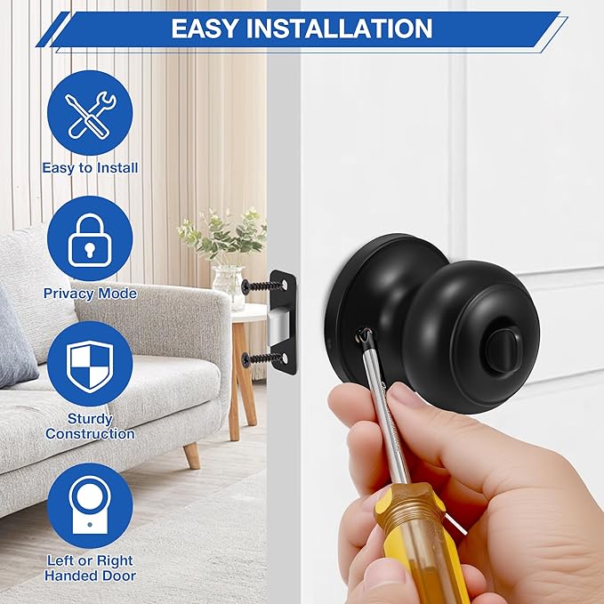 Plustool 8 Pack Matte Black Door Knobs, Privacy Door Knob with Lock, Interior Doorknobs with Round Ball, Keyless Door Lockset for Bedrooms Bathrooms