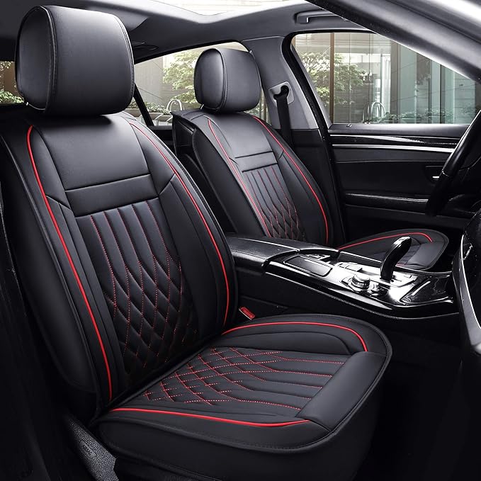 Aierxuan Front Car Seat Covers Universal Fit for Honda Civic Accord Crv, Toyota Camry Prius Rav4 Corolla, Kia, Lexus, Nissan, Mazda, Jeep Cherokee and Most Cars, with Waterproof Leather(Black and Red)