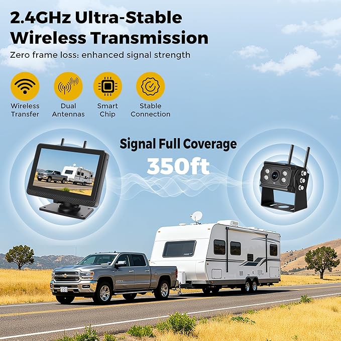 Wireless Backup Camera for Truck RV, HD IPS 7" Monitor, Digital Wireless Camera System + IP69 Waterproof IR Night Vision, 10-Min Easy Install, 1080P Rear View Camera for Car, Van, Trailer and Camper