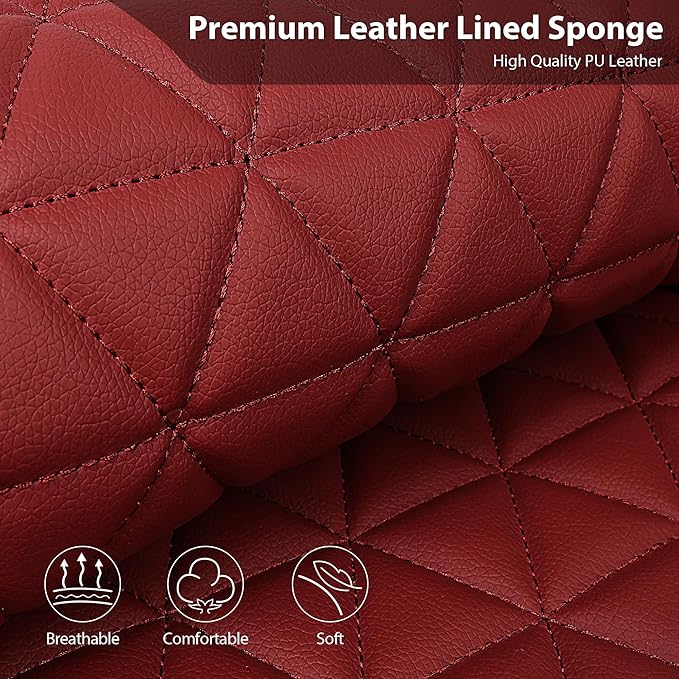 CAR PASS Bling Diamond Burgundy Leather Car Seat Covers Full Sets Interior Sets, Waterproof Shining Glitter Sparkly Crystal Universal Armrest Fit Automotive Truck SUV Cute Women Girl, Red Rhinestone