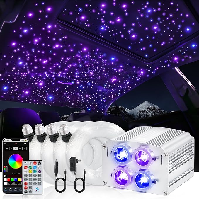 4 Colors 32W Twinkle Car Starlight Headliner Kit 860pcs*0.03in*13.1ft with APP&RF Remote, RGBW Fiber Optic Strands Star Roof Lights,4 Port Engine Sound Activated Ceiling Star Lights for Home/Car Decor