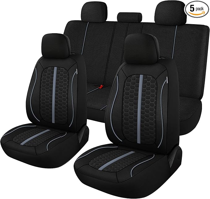 Breathable Premium Car Seat Covers Full Set，3D Air-Mesh Seat Covers for Cars，Comfortable Safety Airbag Compatible，Universal for Most Cars Sedan Truck SUV(Black/Gray)