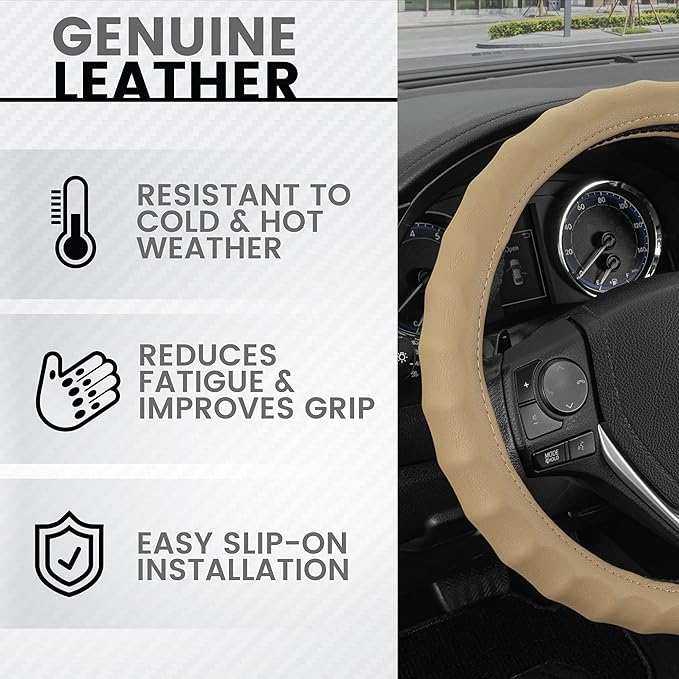 BDK Genuine Beige Leather Steering Wheel Cover for Car, Medium (14.5" - 15.5") – Ergonomic Comfort Grip for Men & Women, Universal Fit Car Steering Wheel Cover for Most Vehicles