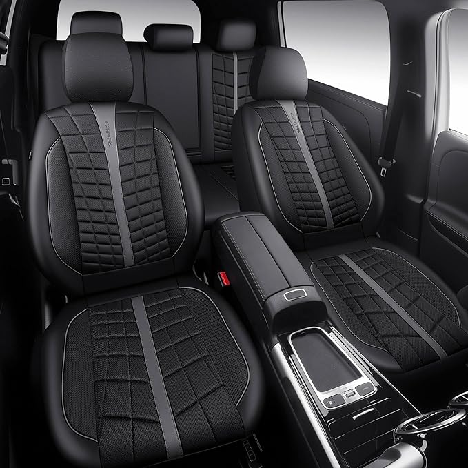 CAR PASS 3D Foam Mesh Leather Car Seat Covers Full Set, Breathable Premium Leather Seat Covers for Car,Anti Slip Universal Fit for Trucks Cars Sedans Vans SUVs, Airbag Compatible, Black Gray