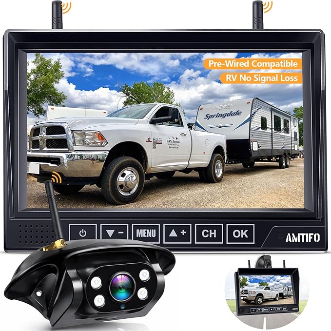 RV Backup Camera Wireless Easy Install: Plug & Play for Furrion Pre-Wired RVs - 7″ HD Touch Key Monitor, 1080P DVR, 4-Channel Split-Screen, Night Vision, IP69K Waterproof AMTIFO A7