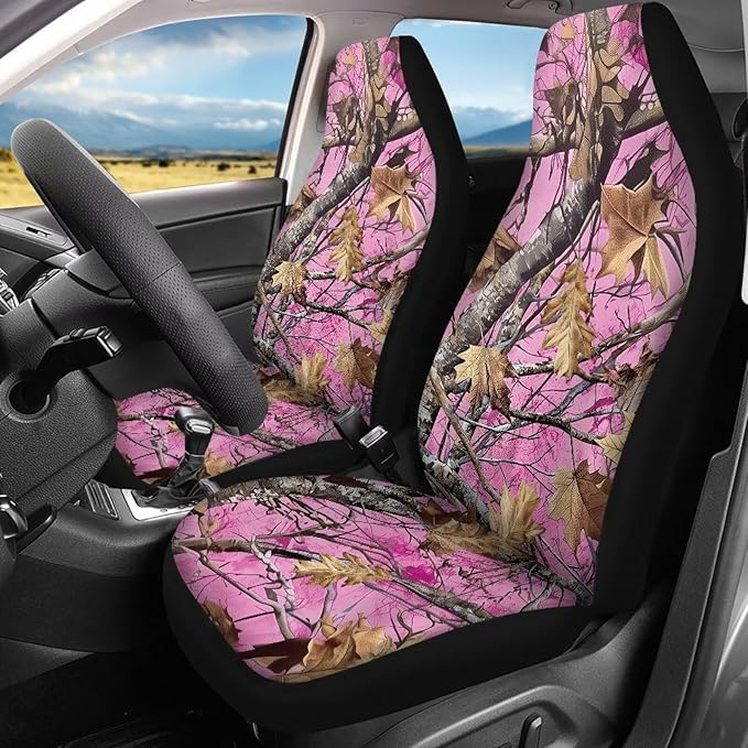 KEIAHUAN Camo Hunting Car Accessories Auto Front and Rear Seat Covers Fit Most Vehicle Truck,SUV, reathable Elastic Front Saddle Blanket Rear Split Bench Protection Cover, Pink
