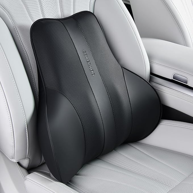 Coverado Lumbar Support Pillow for Car, Ergonomic Memory Foam Back Pillow for Office Chair, New Back Cushion for Pain Relief, PU Leather Car Lumbar Support for Driving Seat Black