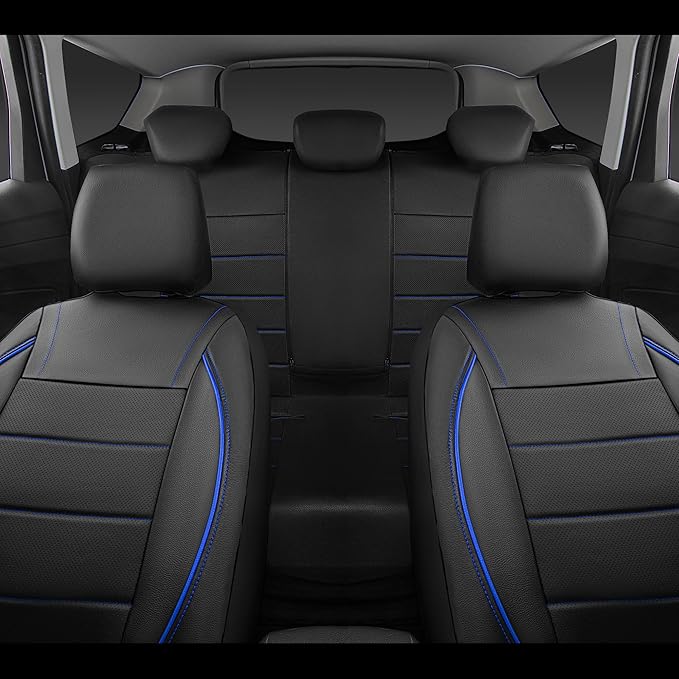 CAR PASS Universal FIT Piping Leather Two Front Seat Covers, Waterproof Faux Leather for SUV Sedan Van Truck, Airbag Compatible,Reserved Opening Holes for Headrest Covers. (Black and Blue)