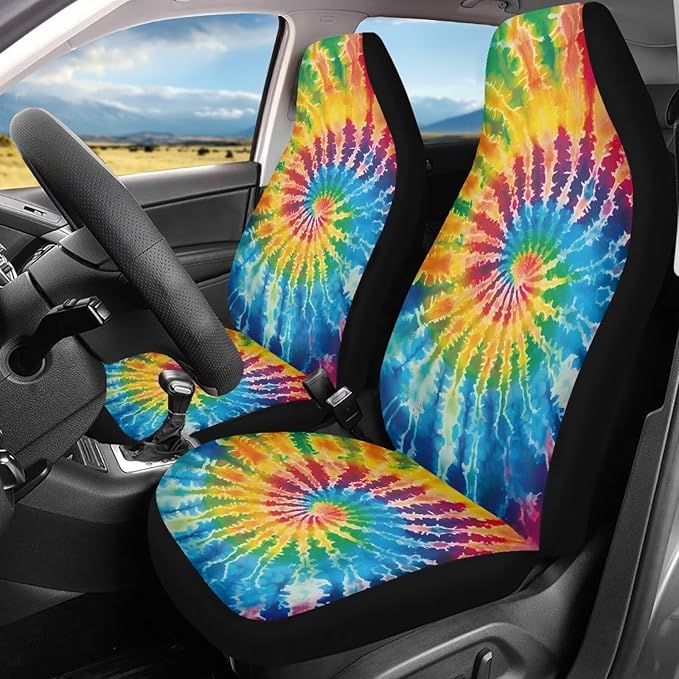 BIGCARJOB Tie Dye Theme Car Interior Accessories Sets Hippie Tie Dye Car Seat Cover Set for Front Seat Only 2 Pieces Auto Seat Accessories Vehicle Bucket Seat Protector