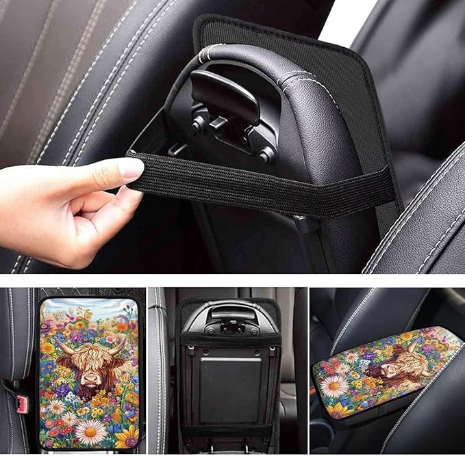 Dreaweet Highland Cow Car Accessories Center Console Cover Soft Armrest Cover for Car Truck SUV Center Console Cushion Pad Car Armrest Seat Box Cover Protector